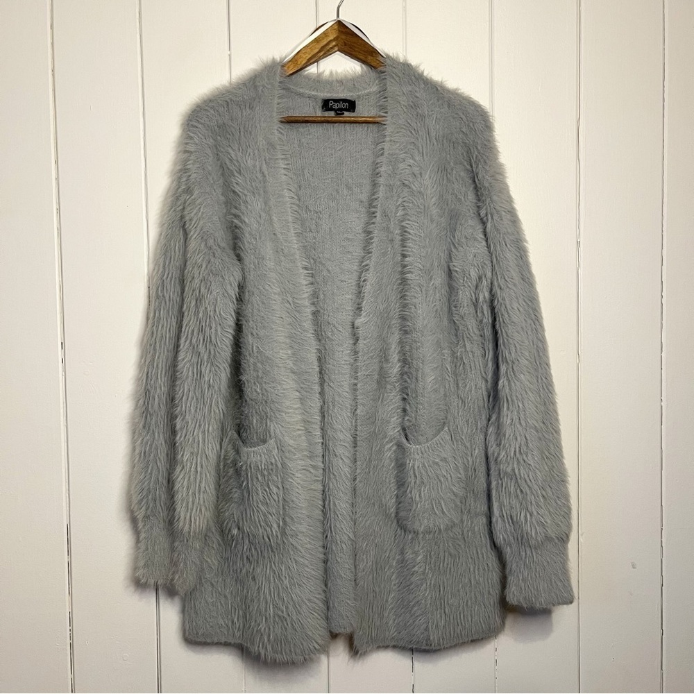 Papillon Fuzzy Light Slate Open Cardigan. Size Medium.
